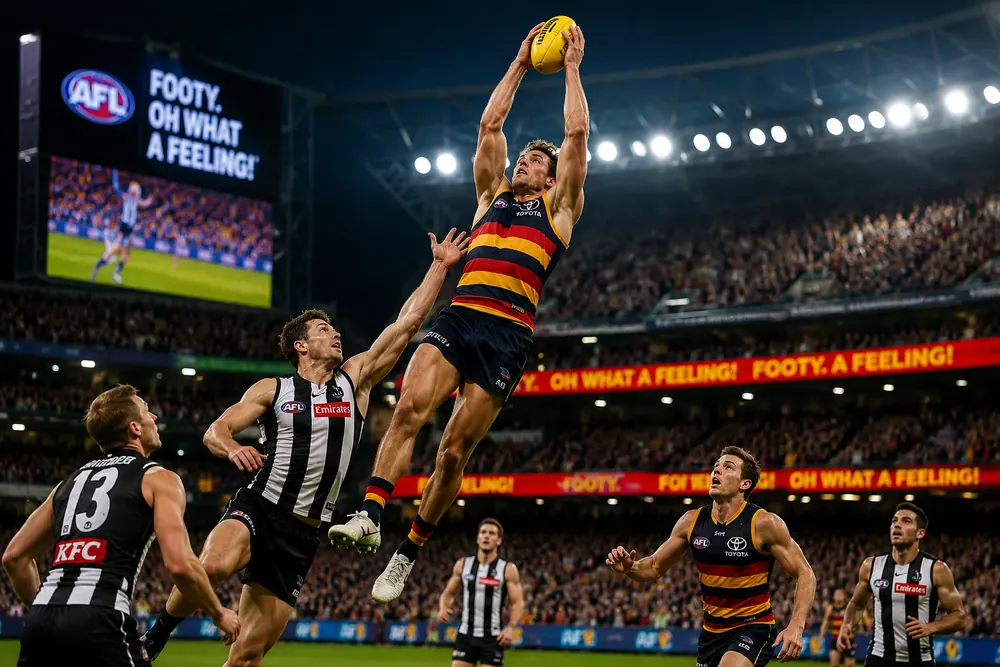 AFL players contesting a mark, shown live on the big screens at Bamboo