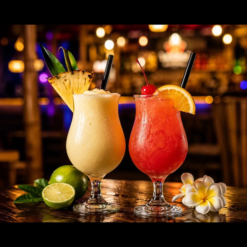 Two tropical cocktails in tall glasses, garnished with fruit and served on the bar