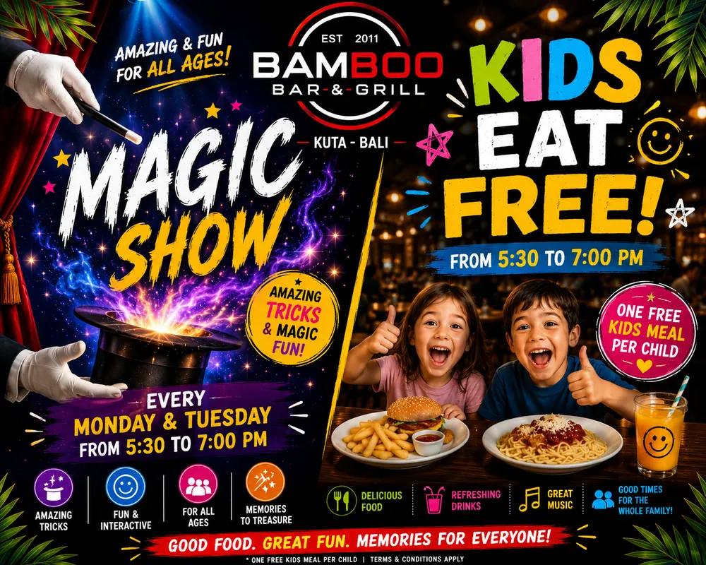 Kids eat free promotion artwork for Monday and Tuesday nights at Bamboo