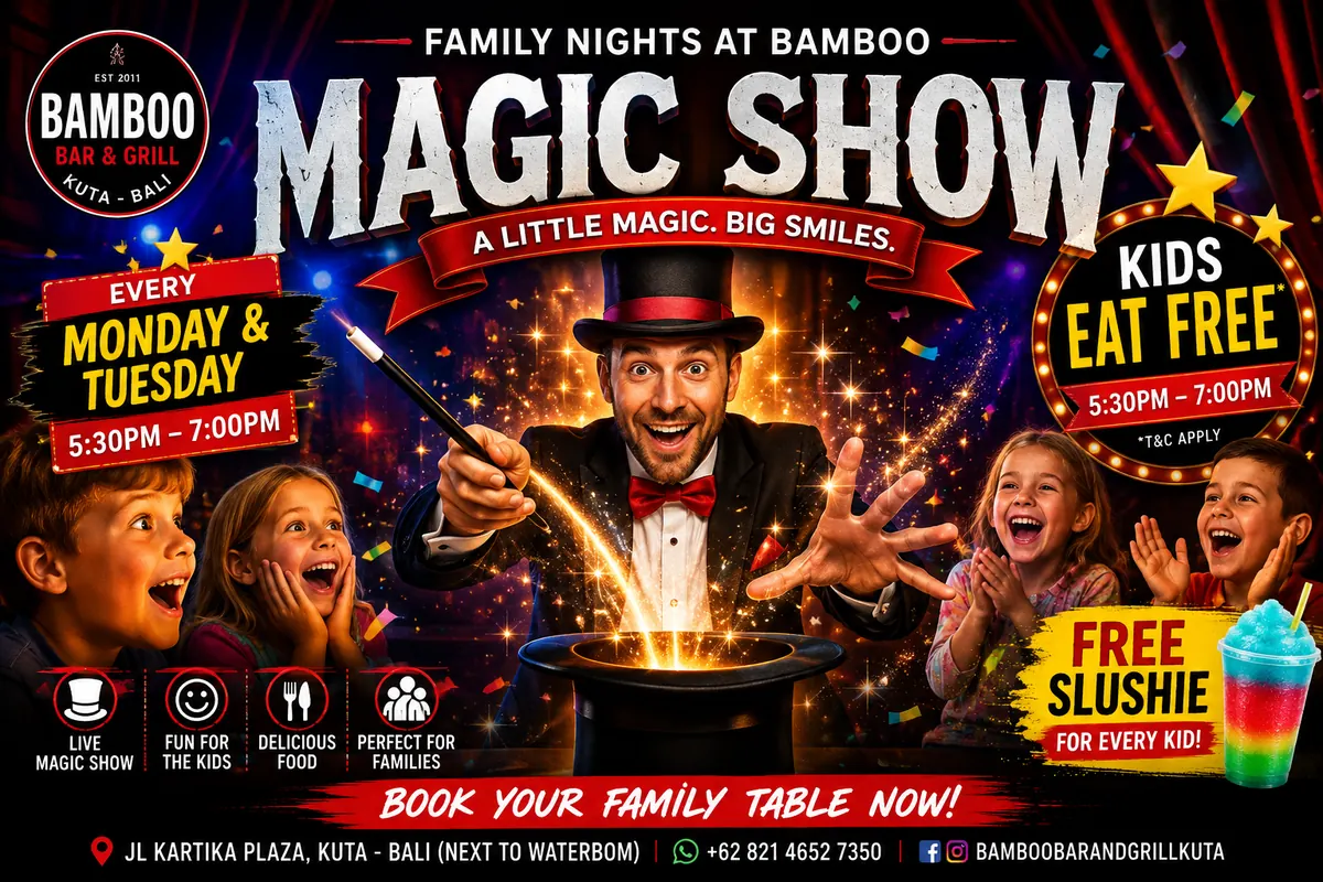 Children watching a magician during family night at Bamboo Bar and Grill