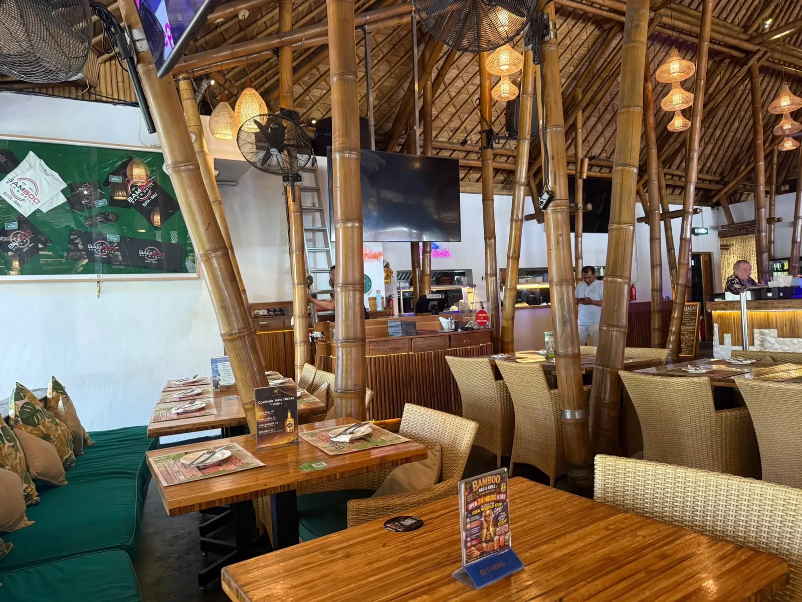 The Bamboo dining room by day, rattan pendants and bamboo through the open frontage