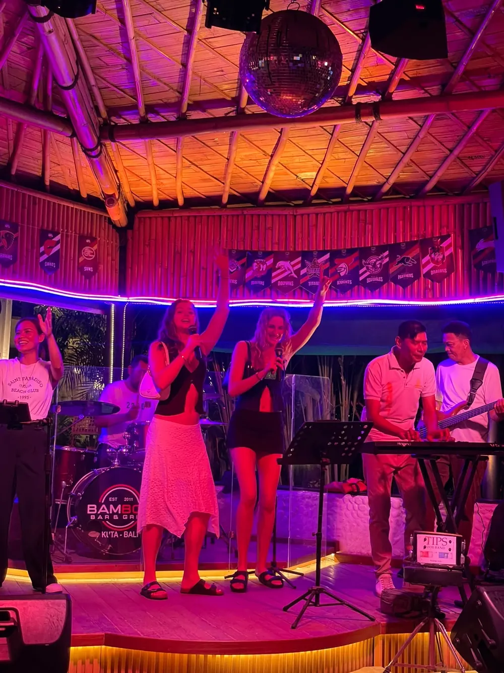 Guests up dancing with the band on the Bamboo stage