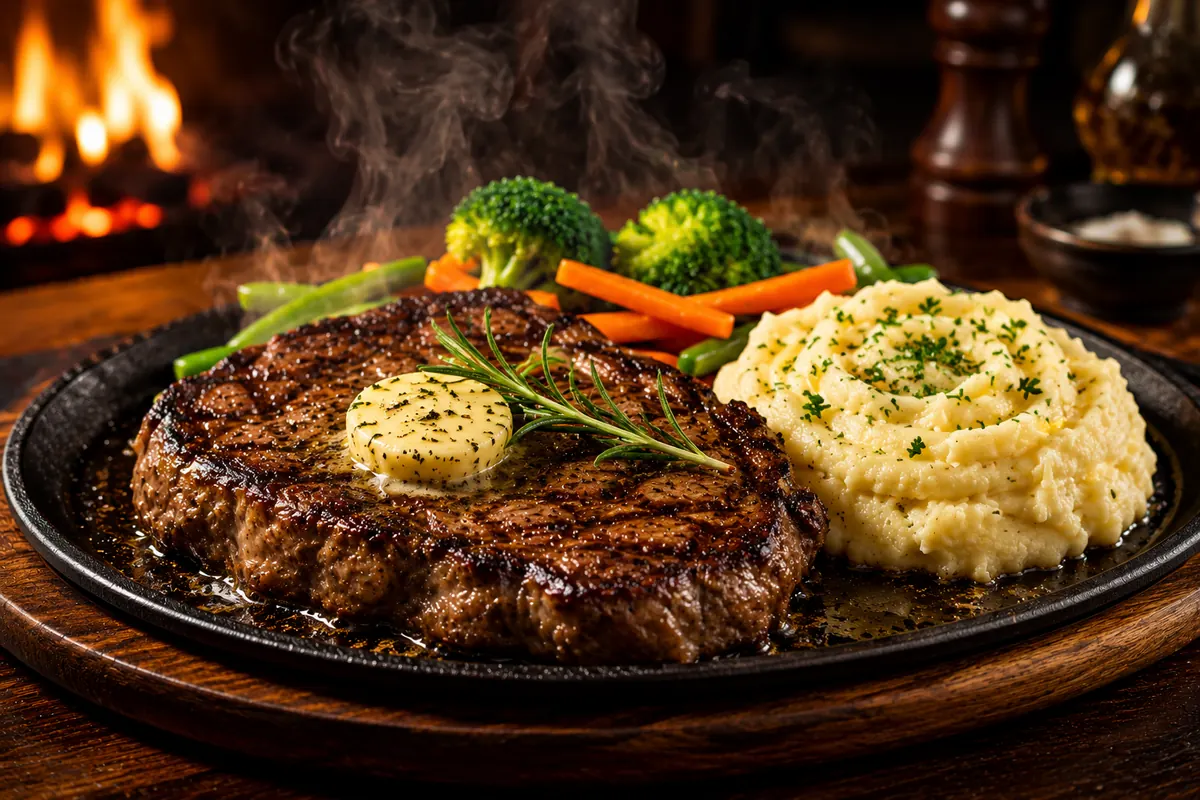 Grilled Australian steak served with garlic mash, vegetables and herb butter