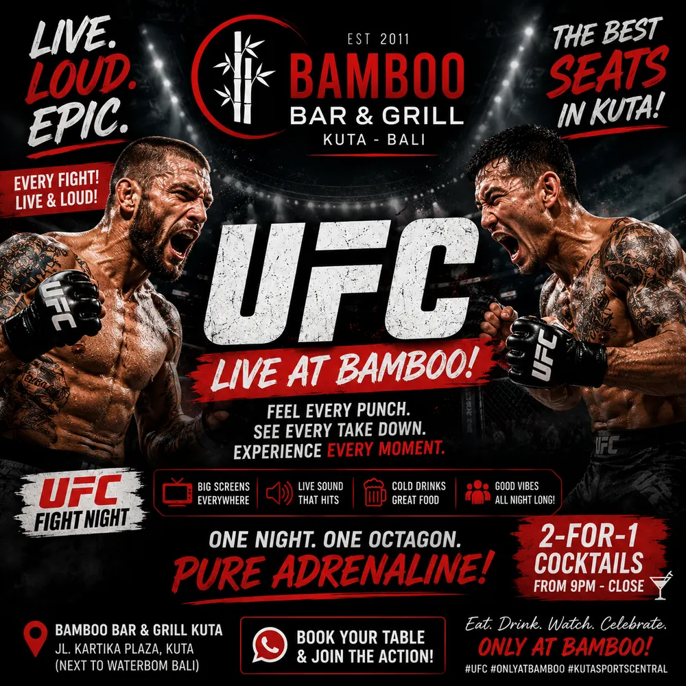 Bamboo Bar and Grill UFC fight night poster, live on the big screens in Kuta